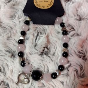 Obsidian and rose quartz heart dangle bracelet